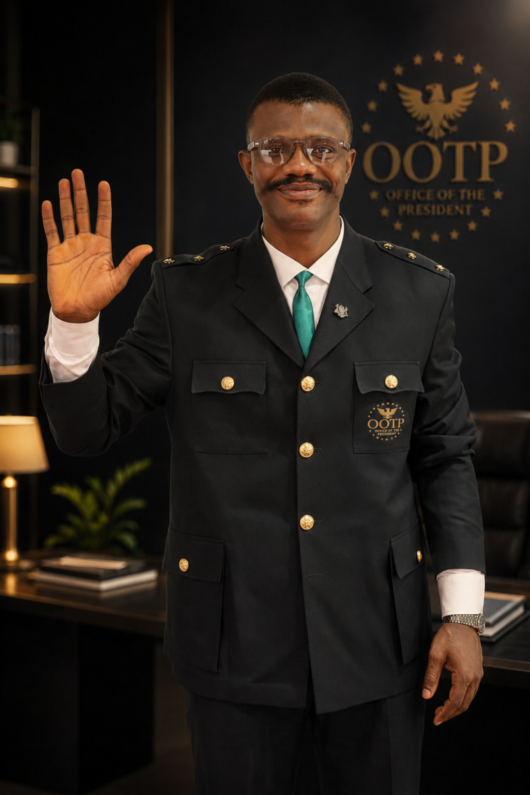 Mr President Ekemena Prince, Founder of the 7 Figure Digital Creators Online Family, in Office Of The President branded attire