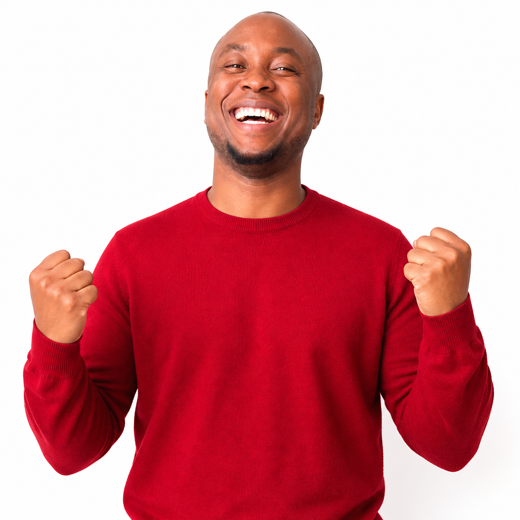 7FDCOF affiliate celebrating success in red sweater
