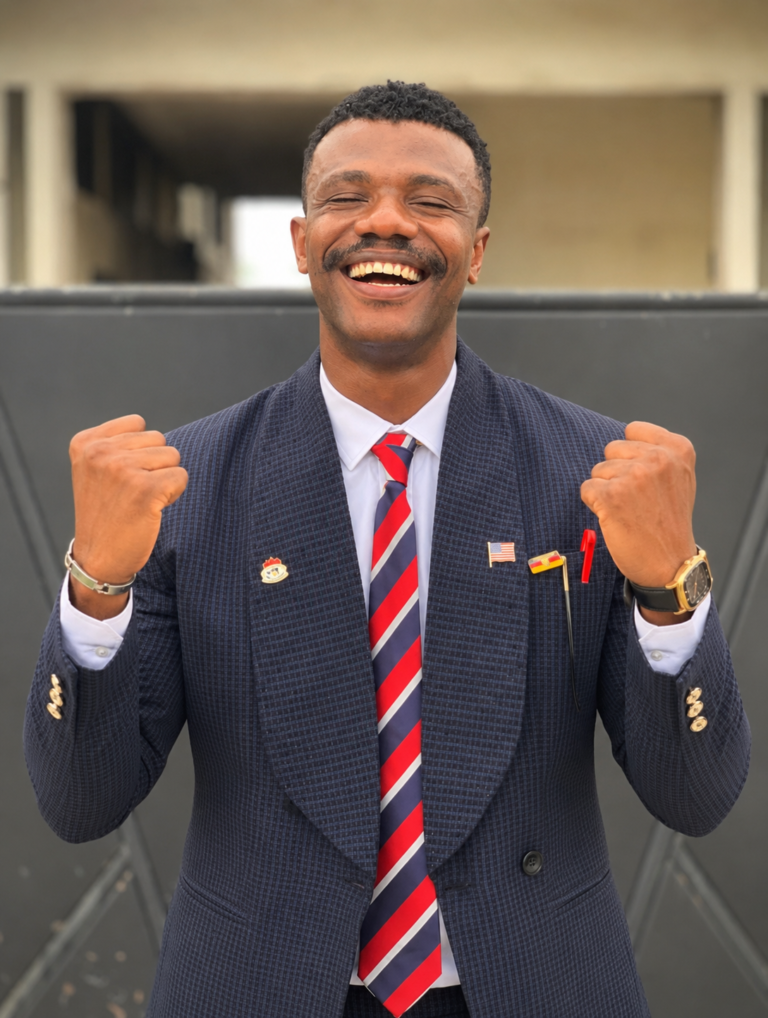 Mr President Ekemena Prince celebrating success in OOTP suit