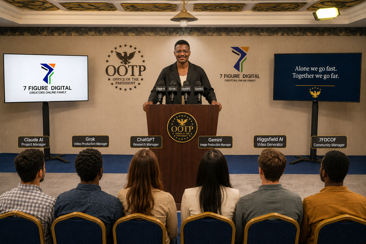 Mr President Ekemena Prince addressing the 7 Figure Digital Creators Online Family community at an Office Of The President meetup, supported by the Claude AI, Grok, ChatGPT, Gemini, and Higgsfield AI team