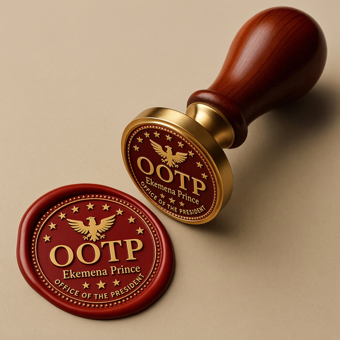 OOTP wax seal stamp for Ekemena Prince, Office Of The President, symbolizing authority and trust in digital product creation