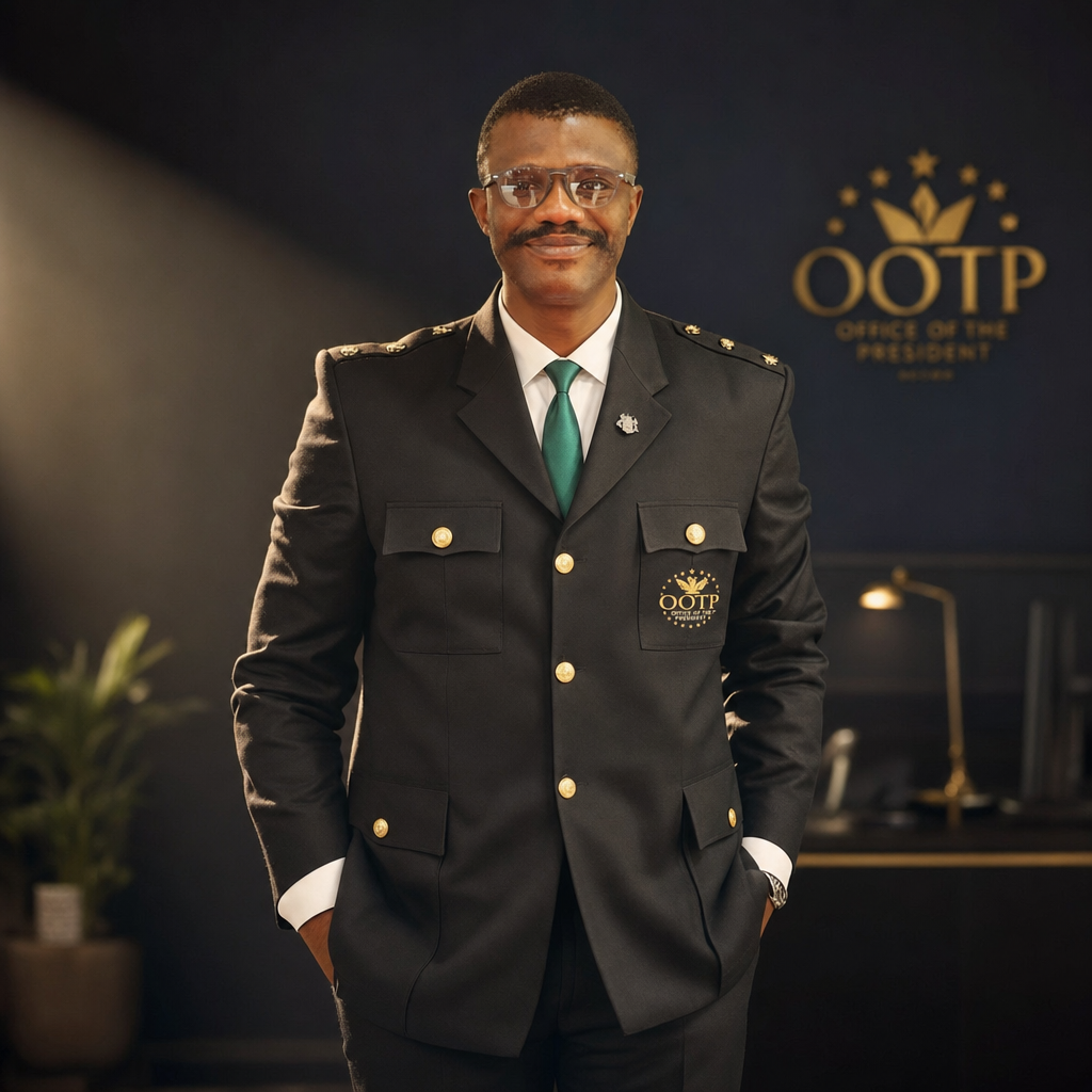 Mr President Ekemena Prince in OOTP branded attire at the Office Of The President, representing digital branding leadership