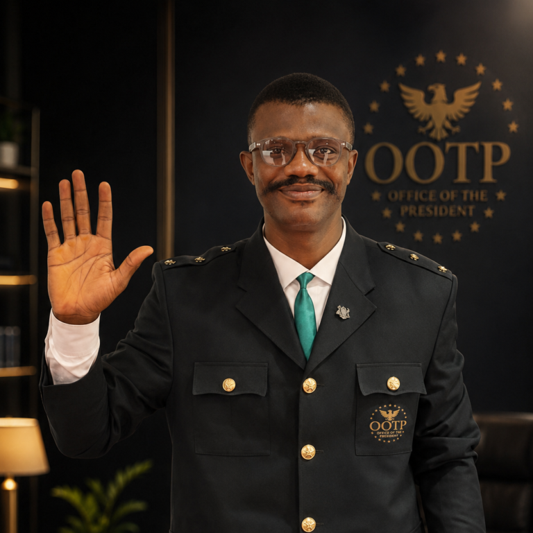 Mr President Ekemena Prince, Founder of the 7 Figure Digital Creators Online Family, in Office Of The President branded attire