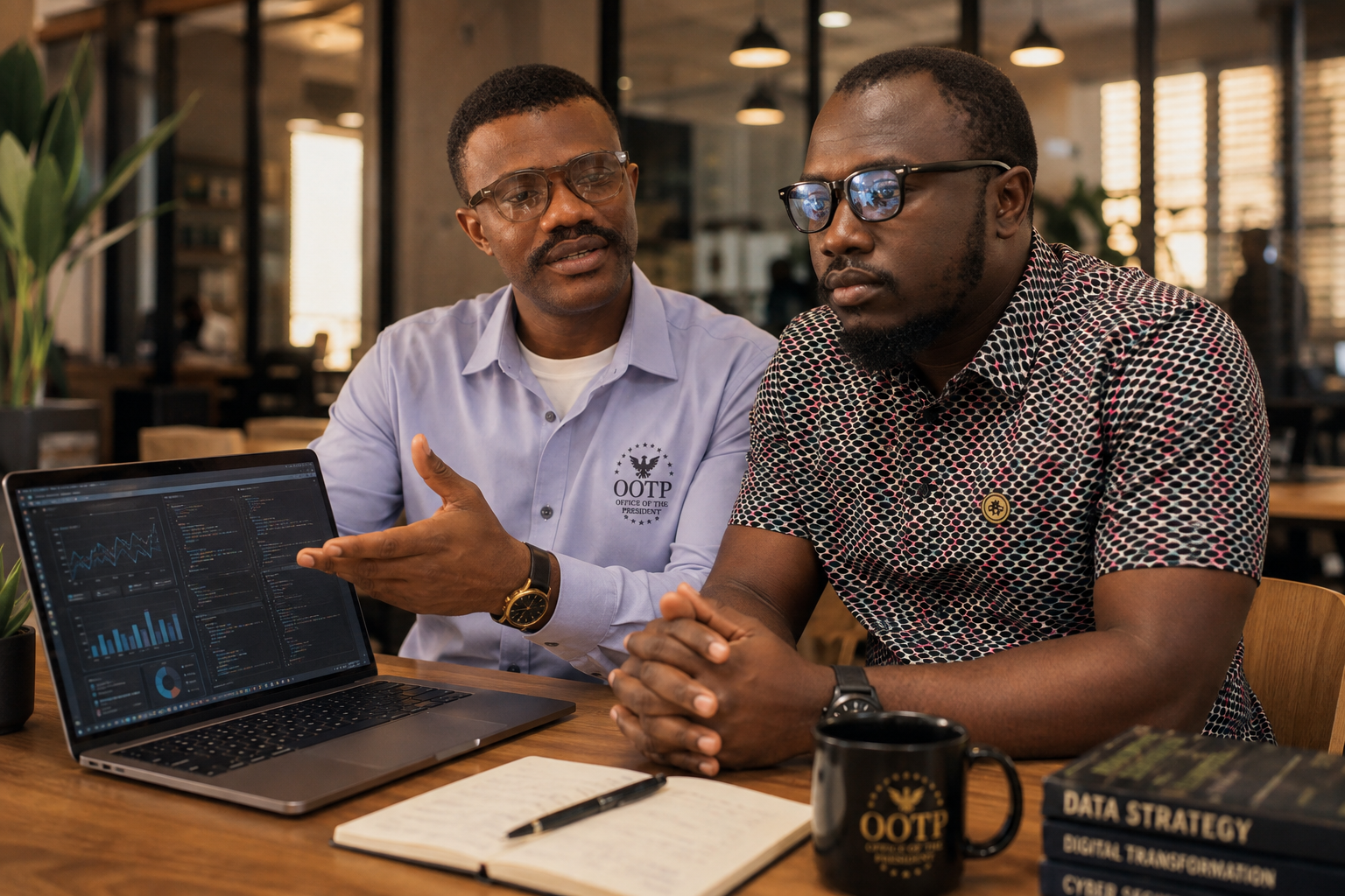 Mr President Ekemena Prince of Office Of The President collaborating with a BlacTech Africa representative over data dashboards, representing the OOTP and BlacTech Africa partnership