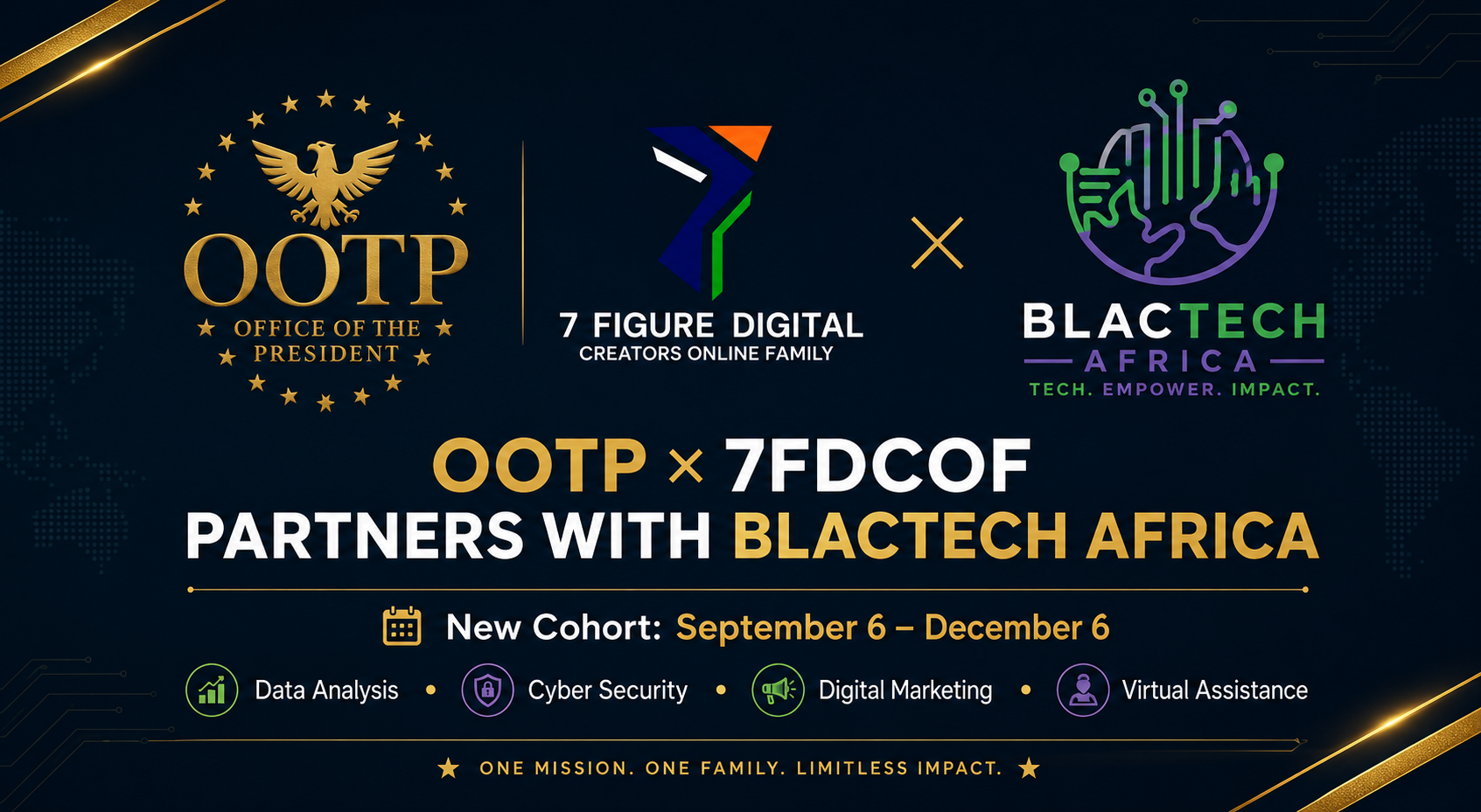OOTP and 7 Figure Digital Creators Online Family partner with BlacTech Africa, new cohort September 6 to December 6, offering Data Analysis, Cyber Security, Digital Marketing, and Virtual Assistance training